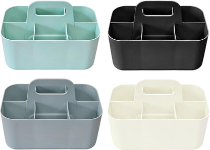 Small Stackable Plastic Caddy with Handle 6 Compartment | Desk, Makeup, Dorm Caddy, Classroom Art Organizers - 4 Pack, Made In USA (Mint/Ivory/Black/Gray)