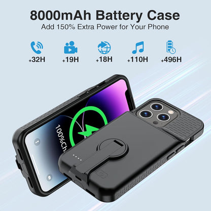 Battery Case for iPhone 14 Pro Max/14 Plus/13 Pro Max/12 Pro Max, Charging Case With Stand 8000mAh Portable Extended Case Cover for iPhone 14 Pro Max, 14Plus, 13/12Pro Max Charging Case (6.7”) Black