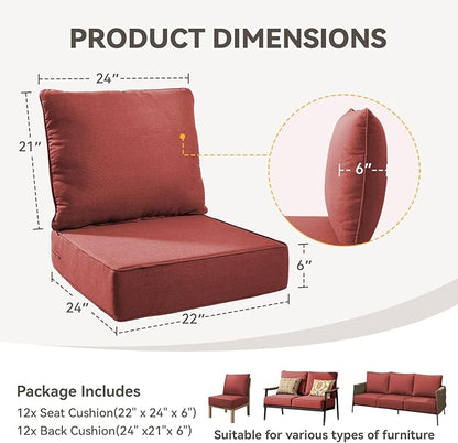 Outdoor Cushion Set for Furniture Patio Furniture, UV Resistant, Water Resistant - 6 Inch Thick Foam Garden Cushions – 22x24 Inch Patio Seat Covers for Chair/Sofa/Couch | Red | 12-Pack |
