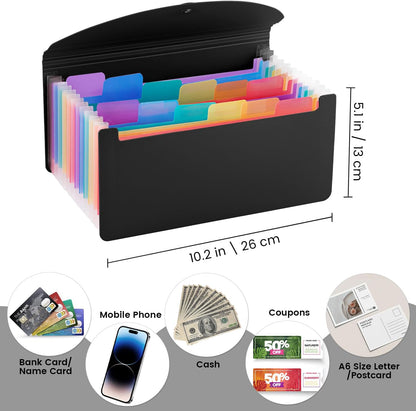 13 Pocket A6 Receipt Organizer, 2 Pack Small Accordion File Organizer, Coupon Organizer with Labels - Black