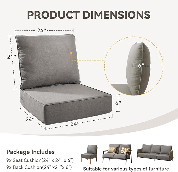Outdoor Cushion Set for Furniture Patio Furniture, UV Resistant, Water Resistant - 6 Inch Thick Foam Garden Cushions– 24x24 Inch Patio Seat Covers for Chair/Sofa/Couch | Grey | 9-Pack |