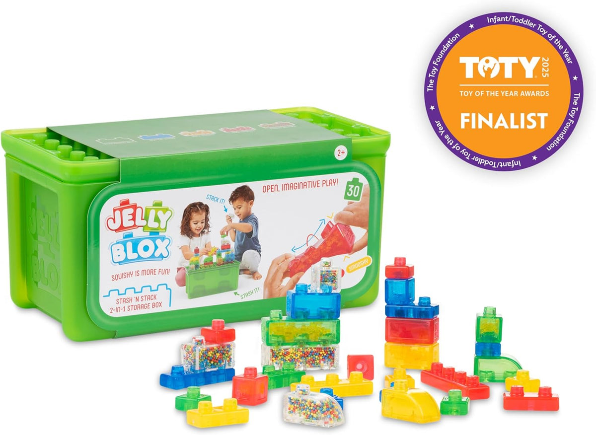 Jelly Blox Stash 'N Stack 2-in-1 Storage Case with 30 Blocks for Toddler Sensory Play Toy Ages 2+