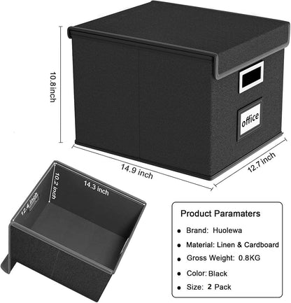 Huolewa File Organizer Boxes with Lids, Collapsible Linen Hanging Filing & Storage Boxes with Plastic Slide for Office/Decor/Home, Filling System for File/Folders/Document Storage -2 Pack