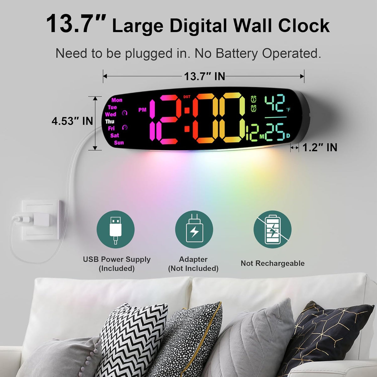 Large Digital Wall Clock, Desk Clock with Date Temperature, 11 RGB Colors, 10 Night Lights, Dual Alarm, Auto Dimming, Timer, 13.7" Digital Clock for Classroom, Bedroom, Living Room