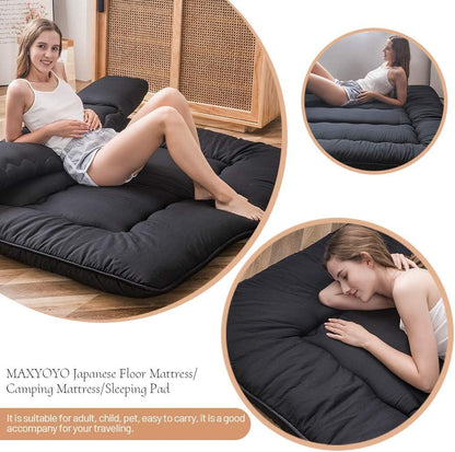 MAXYOYO Japanese Floor Mattress Futon Mattress, 4" Thicken Tatami Mat Sleeping Pad Foldable Roll Up Mat Boys Girls Dormitory Pad Kids Floor Lounger Pillow Bed, Black, Twin Size