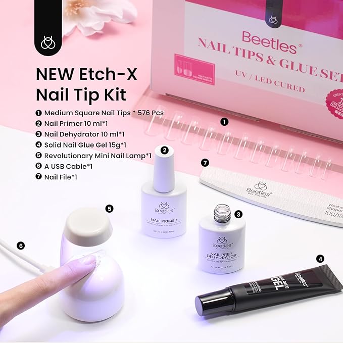 Beetles Gel Nail Kit Medium Square with Nail Dehydrator and Primer, 576Pcs Half Matte Etch-X Gel Nail Tips Solid Nail Glue Mini Nail Lamp Acrylic Nail Tips Easy DIY Nail Extension Set Gift for Women