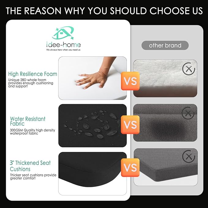 idee-home Outdoor Chair Cushions Set of 4, 19" x 19" x 3" Thick D-Shaped Patio Furniture Outdoor Seat Cushions Waterproof with Ties, Dining Pads