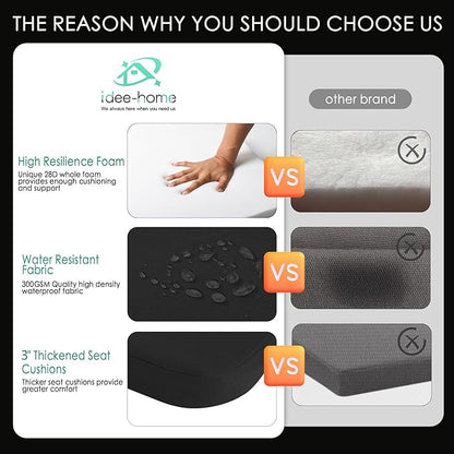 idee-home Outdoor Chair Cushions Set of 4, 19" x 19" x 3" Thick D-Shaped Patio Furniture Outdoor Seat Cushions Waterproof with Ties, Dining Pads