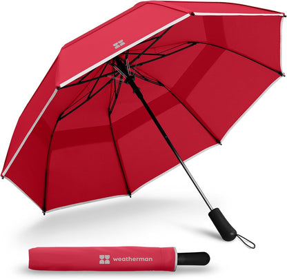 Weatherman Premium Collapsible Travel Umbrella - Windproof, Compact, Easy Auto Open - Resists Up to 55 MPH Winds - Perfect for Rain, Wind, Backpack, Car - Folding Umbrella (Red)