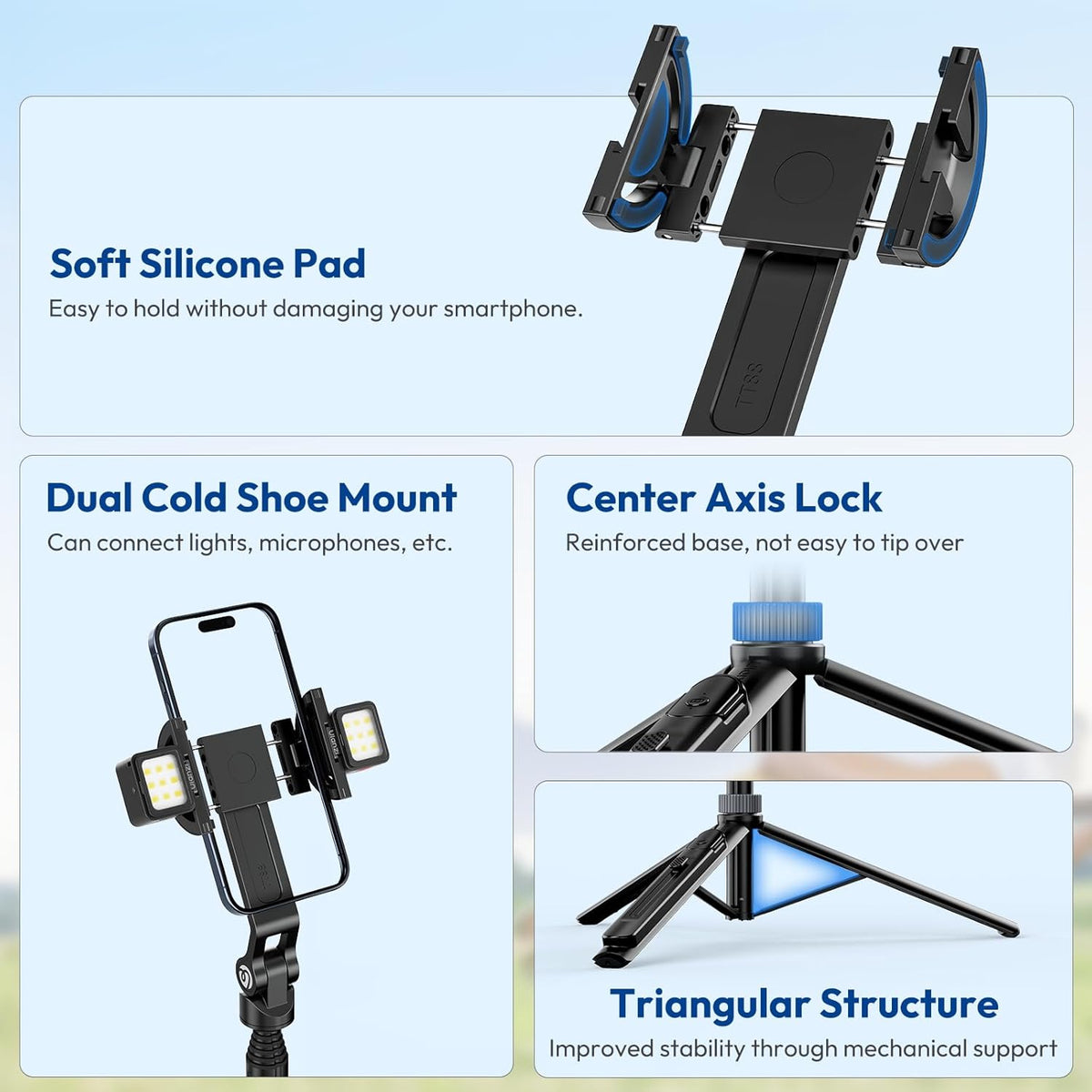 ULANZI TT88 Magnetic Tripod for iPhone, 57" Extendable Selfie Stick with Remote, 2-in-1 Phone Clip & Dual Cold Shoe Mounts - Lightweight Phone Tripod Stand for Vlogging, Travel, Video Recording, Black