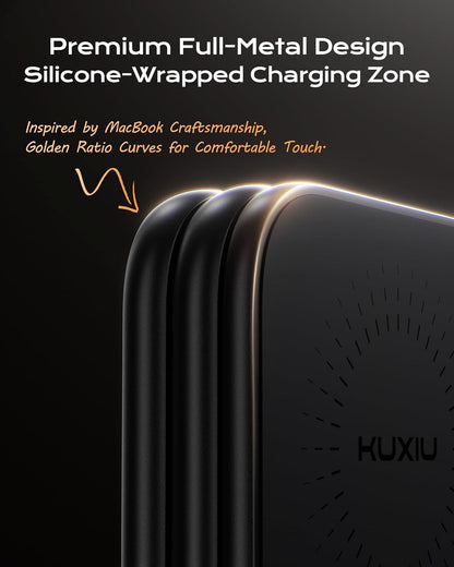 KU XIU Qi2.2 25W Magnetic Wireless Charger, Foldable 3 in 1 Travel Charging Station for iPhone 17/16/15/14/13/12, 5W for Apple Watch & AirPods, Aluminum Alloy Design, 45W GaN Adapter Included, Black