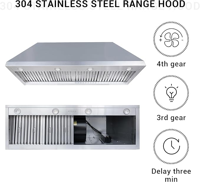 CHETTO C Stainless Steel Range Hood Cover with Quiet Vent Hood Insert Custom Handcrafted Metal Kitchen Fan with Towel Rack LED Light 54"W x21"D x30"H Brushed Stainless Steel Wall Mount