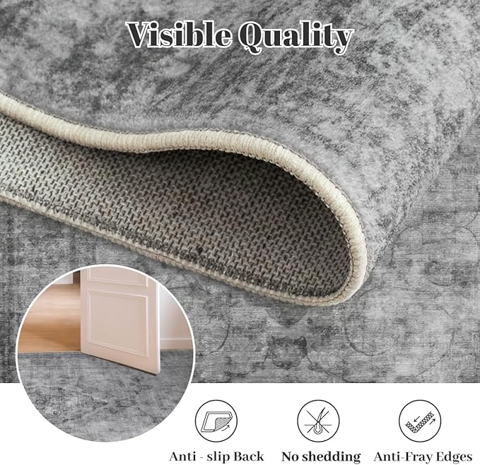 Homemate Washable Rug 6x9 Area Rugs - Vintage Faux Wool Rugs for Living Room Bedroom Dining Room - Non Slip Foldable Carpet Indoor Area Rug for Home Decor（6'x9', Black