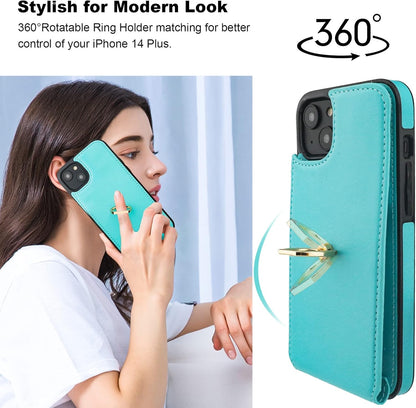Folosu Compatible with iPhone 14 Plus Case Wallet with Card Holder, 360°Rotation Finger Ring Holder Kickstand, RFID Blocking Leather Protective Double Buttons Shockproof Cover 6.7 Inch Green