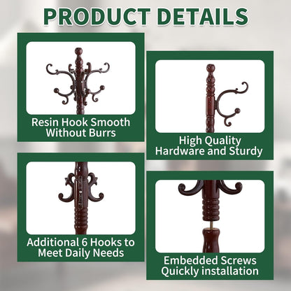 Wooden Coat Rack Stand, Vintage Wood Coat Rack Freestanding with Sturdy Triangle Base, Classic Coat Racks with 14 Hooks, Natural Birch Wood Coat Tree Hanger Stand for Entryway,Office