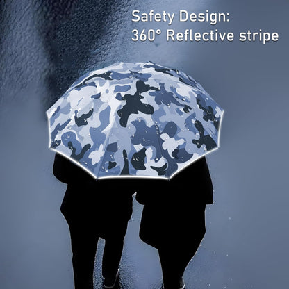 Large Windproof Travel Umbrella, Portable Reverse Folding Rain Umbrella for Car,Women and Men, Durable, Compact Inverted Design with Camouflage Canopy, Fits Backpack, 41.5/13 Inch, Automatic