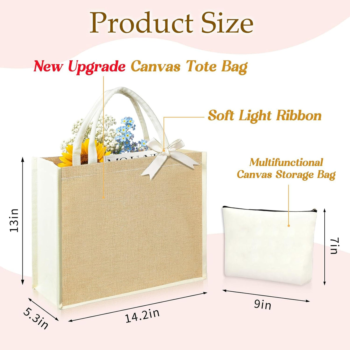 Initial Canvas Tote Bag & Makeup Bag for Women Teacher Bridesmaids，Personalized Present for Wedding, Birthday, Beach
