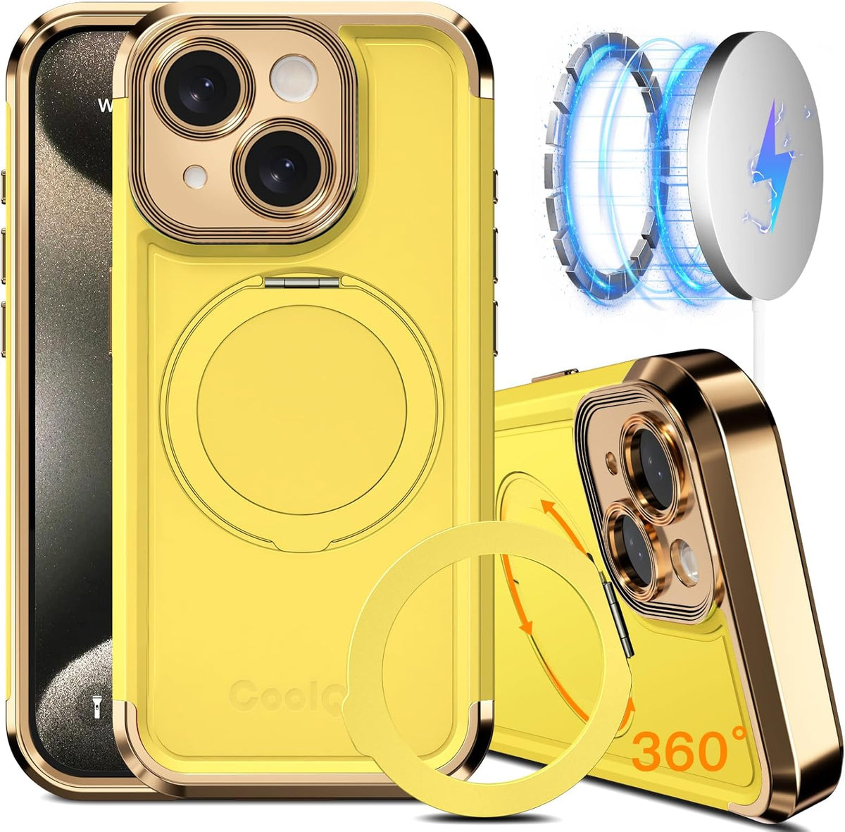 COOLQO for iPhone 15 Plus Case 6.7'' Upgraded 360° Spin Magnetic Stand [Compatible with Magsafe][Military Protection] Shockproof Protective Phone Holder Cover for iPhone 15 Plus, Yellow Gold
