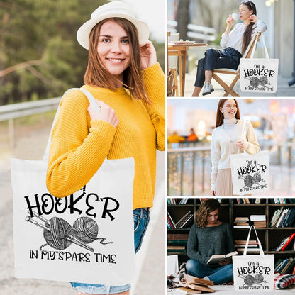 Crochet Knitting Humor Yarn Gifts Canvas Tote Bag, Reusable Grocery Shopping Bags for Crocheters Christmas