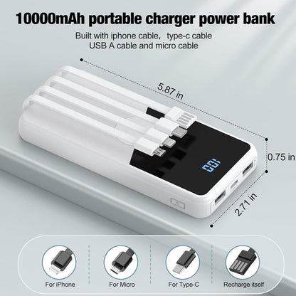 Portable Charger with Built in Cables,High Speed Power Bank 10000mAh Travel Battery Pack 5 Outputs 3 Inputs Portable Phone Charger Backup Battery for iPhone, Samsung, iPad,Tablets (White)