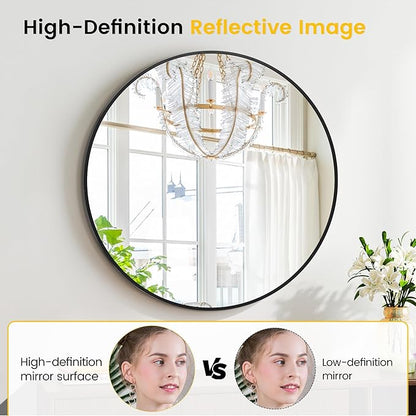 24 Inch Black Round Wall Mirror, Modern Metal Frame for Bathroom, Living Room, Bedroom Decor