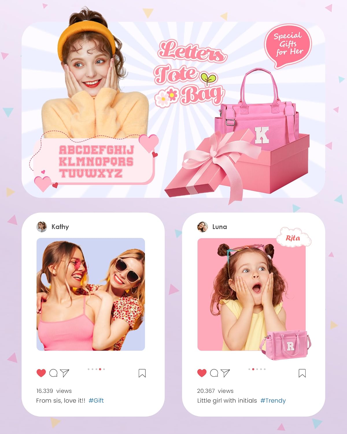 Gifts for Women Teen Girls, Initial Tote Bag with Zipper, Letter Canvas Tote Purse for College Work Laptop Beach