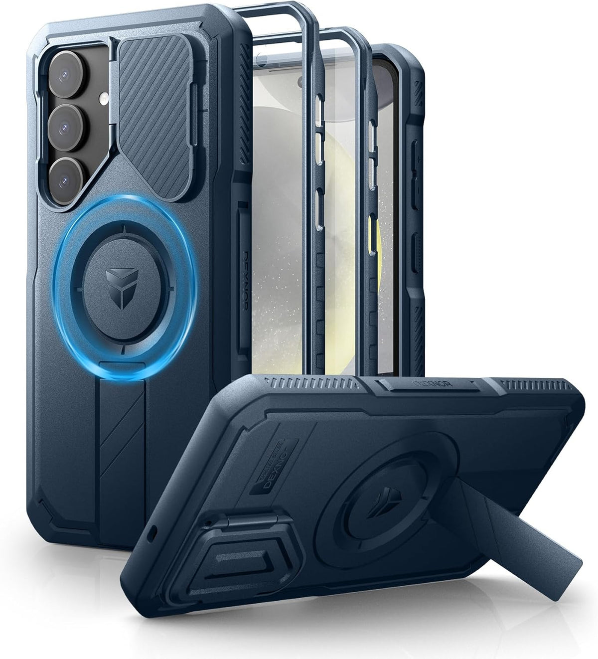 Dexnor for Samsung Galaxy S25 Plus Case with Camera Cover & Adjustable Kickstand & Built-in Screen Protector, Magnetic Rugged Shockproof Bumper Cases Heavy-Duty Protective Cover (2025),Navy Blue