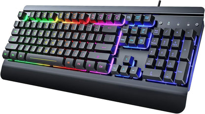 RisoPhy Gaming Keyboard, 104 Keys All-Metal Panel, Rainbow LED Backlit Silent Computer Keyboard, Wrist Rest, Multimedia Keys, Anti-Ghosting, Waterproof Light Up Wired Keyboard for PC Mac Gamer