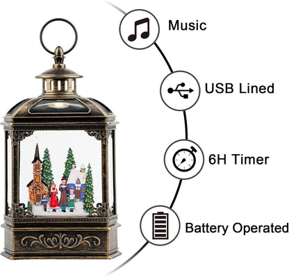 Christmas Snow Globe Lantern Water Glittering Town Home with Carolers, Music & Timer, USB Lined/Battery Operated Lighted Lantern for Christmas Festival Decoration Gifts