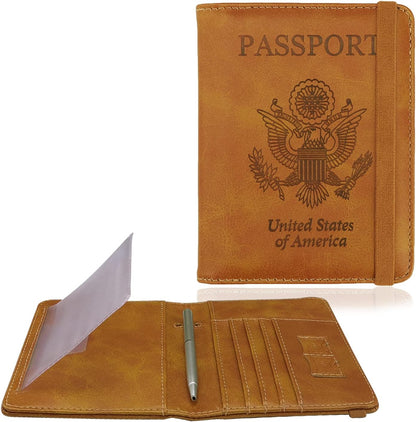 WALNEW Passport Holder for Travel, RFID Passport Cover Wallet for Women Men, PU Leather Passport Book Card Holder Case with Pen, Travelling Essentials for Flying