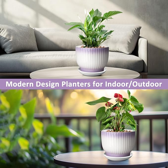 8 Inch Plant Pot, Ceramic Planter with Drainage and Saucer, Ceramic Pots for Plants, Indoor Plant pots,Ceramic Flower pots(Purple + White, Plants NOT Included)