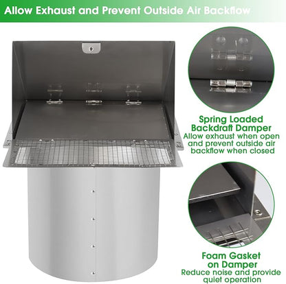 6 Inch Hooded Wall Vent with Screen and Damper,6 Inch Exhaust Vent Cover Cap for Outdoor Kitchen Range Hood Dryer Ventilation,Outside Wall Mount Extractor for House Air Exhaust, Stainless Steel