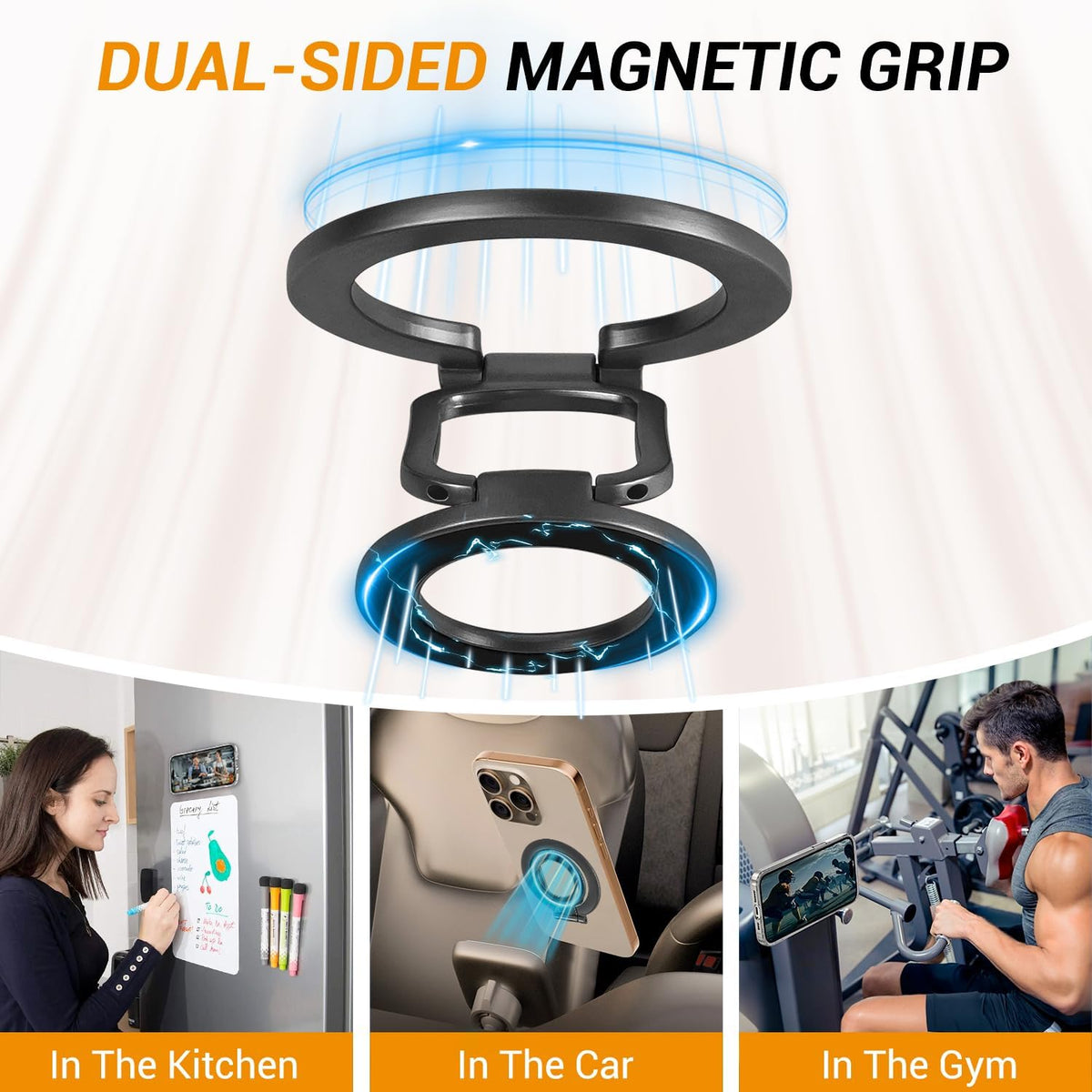 Magnetic Ring Holder Grip, Adjustable Magnet Phone Ring Stand, Multi-Angle Stability Kickstand, Strong Double Sided Magnetic Phone Grip, with Magnet Ring for Phone Case, Black