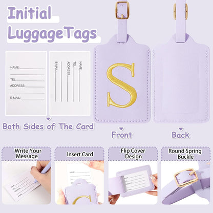 Personalized Initial Luggage Tags for Suitcases, Cute PU Leather Embroidered Letter Travel Luggage Tags, Suitcase Identifier Name Baggage Tag, Bag Tags for Men Women Kids Luggage Handbags(Purple S)