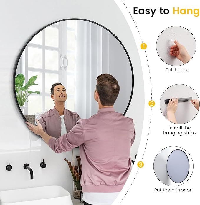 24 Inch Black Round Wall Mirror, Modern Metal Frame for Bathroom, Living Room, Bedroom Decor