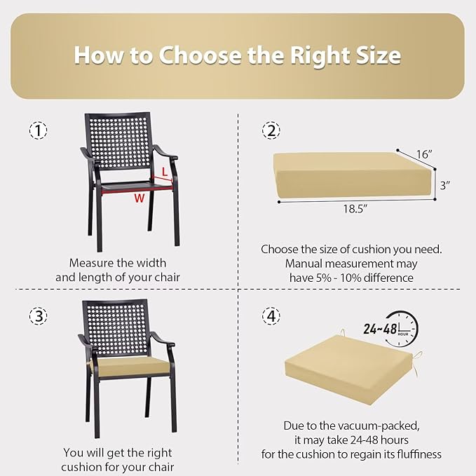 Outdoor Chair Cushions Set of 2, 18.5 x 16 Inch Patio Chair Cushions, Water Resistant, Non-Slip Ties (Khaki)
