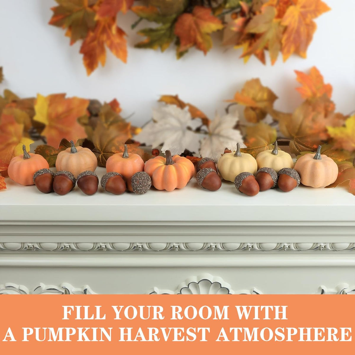 21Pcs Fake Pumpkins Fall Thanksgiving Decorations,Plastic Pumpkins with Acorns,Maple Leaves,Artificial Mini Pumpkin Decorating Autumn Harvest Outdoor Indoor Home Decor Centerpiece Table Decorations