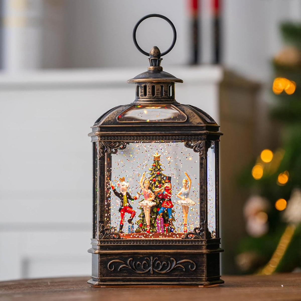 Christmas Snow Globe Lantern Water Glittering Nutcracker Ballet Stage with Music & Timer, USB Lined/Battery Operated Lighted Lantern for Christmas Festival Decoration Gifts