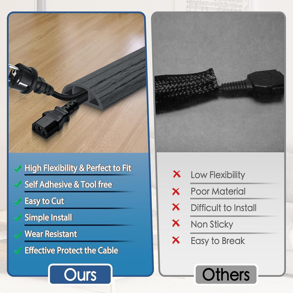 Floor Cord Cover for Wires on Floor Self Adhesive Cord Hider Floor Cable Management Wire Covers for Cords Protector Prevent Cable Trips Cord Cavity W 0.47" x H 0.27", Deep Gray Wood, 10Ft