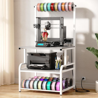 Homieasy Printer Stand with Charging Station, 29.1" x 22.8" Large 3D Printer Table with Filament Storage, Heavy Duty Rolling Printer Cart with 4-Tier Storage for Workshop/Office/Garage, Light Grey
