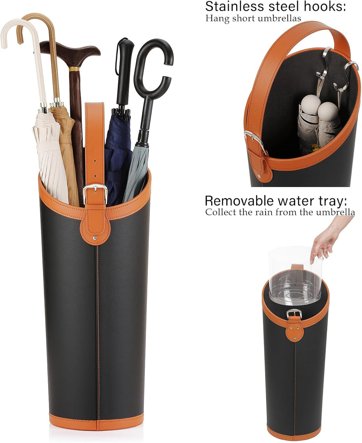 Faux Leather Large Umbrella Holder Entryway，Modern Black Umbrella Rack Stand Indoor