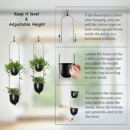 Modern Metal Hanging Planter for Indoor Outdoor Plants with Hook 2 Tier Boho Wall and Ceiling Flower Pots Baskets Holder Home Office Decor(Black)