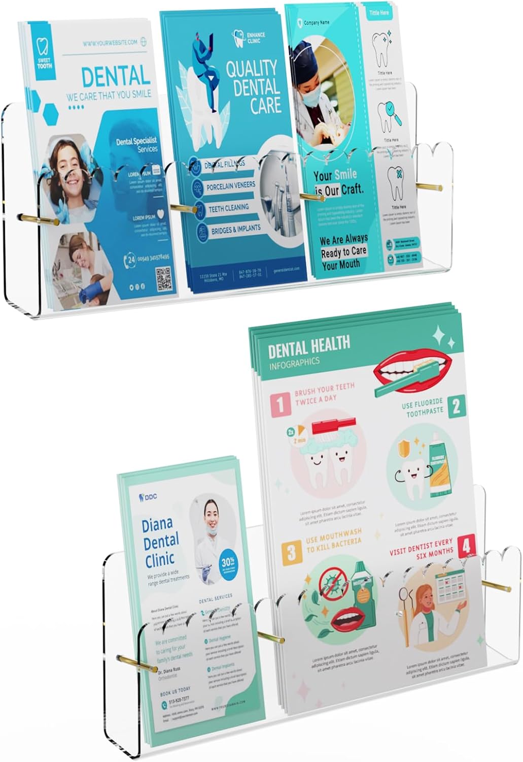 Brochure Holder Wall Mount, 2 Pack Acrylic Modular Flyer with Adjustable Magnetic Golden Bolt, Wavy Lace Pamphlet Display Stand for Organizer Trifold Flyer, Document, Leaflet, 3 Slots