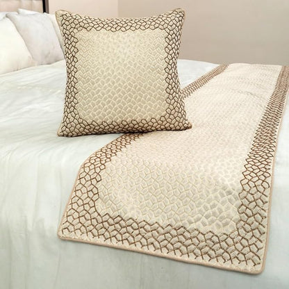 The HomeCentric King/Queen/Twin Ivory & Gold Designer CA King 86"x18" Bed Runner with 2 Pillow Cover, Mosaic & Beaded Bed Scarf on Jacquard Fabric - Tessellation