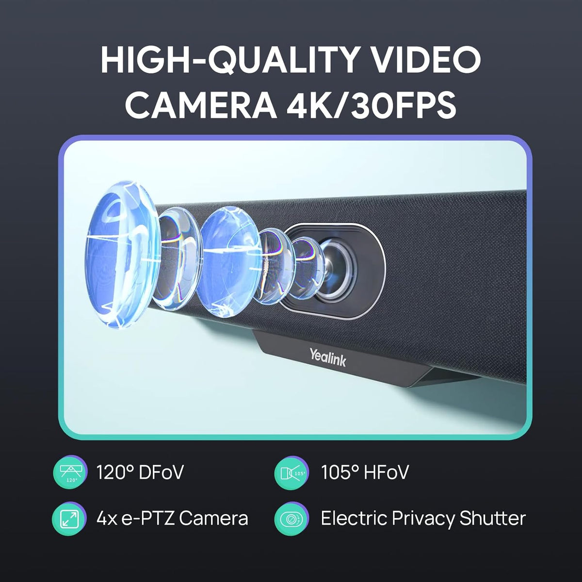 Yealink Video Conference Camera, 4K Webcam, 120° Ai Auto Framing, 8 Microphone Arrays & Speaker Tracking, Ai Noise Cancellation Teams Certified, Meetingbar A10 All-in-one Conference Room Camera System