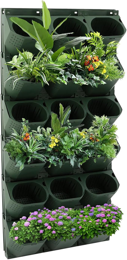 36 Pockets Vertical Wall Planter, Wall Mounted Flower Pot Holder with 180LB Capacity,10.56 oz Self Watering Pots & 36 Non-Woven Bags for Indoor Outdoor Herbs,Flowers,Strawberries (Army Green)