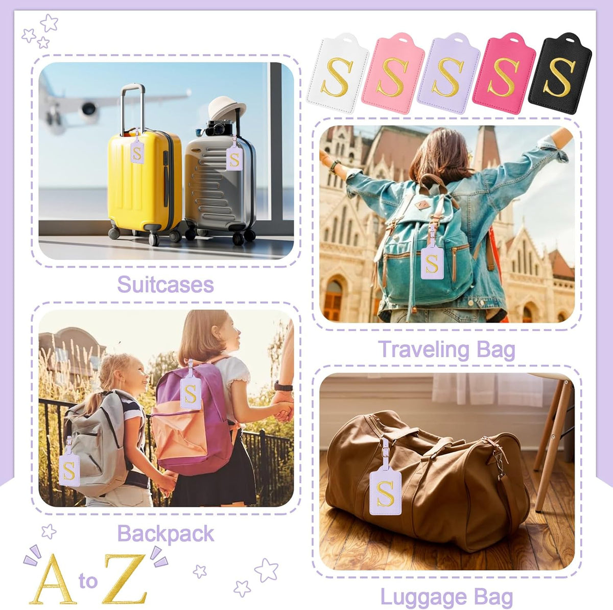 Personalized Initial Luggage Tags for Suitcases, Cute PU Leather Embroidered Letter Travel Luggage Tags, Suitcase Identifier Name Baggage Tag, Bag Tags for Men Women Kids Luggage Handbags(Purple S)
