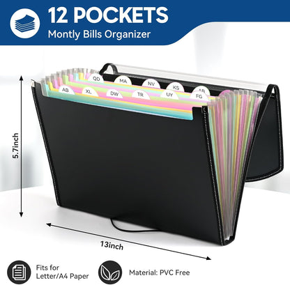 12-Pocket-Expanding File-Folder,Accordion-File-Organizer, A4/US Letter Size Paper Receipt Organizer Accordian Filing Folders (Black-C-12 Pockets)