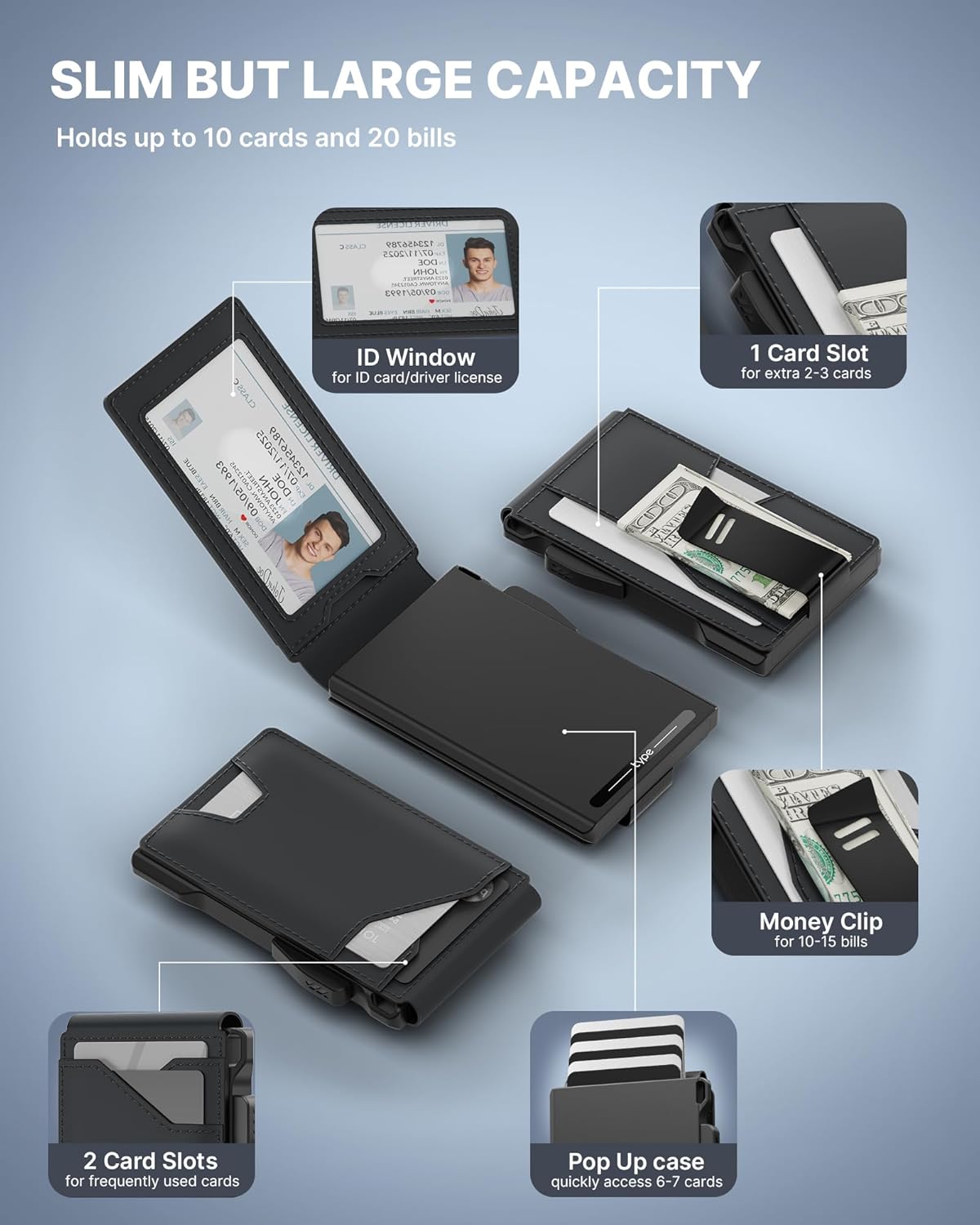 typecase Tactical Wallet for Men Card Holder: Pop Up Card Case, Genuine Leather, Smart, RFID Blocking, Slim, Minimalist, Thin, Front Pocket - 13 Card Capacitiy, ID Window, Money Clip (Dark Black)