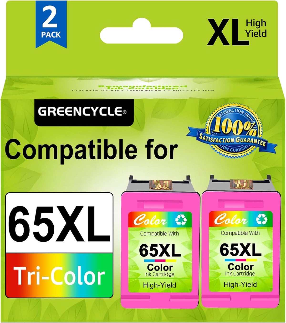 greencycle Remanufactured Ink Cartridge Replacement for HP 65 65xl Compatible for Envy 5055 5052 Deskjet 2655 3755 2622 2624 3758 3752 3732 3730 3722 3721 Printer (2 Pack, Tri-Color)
